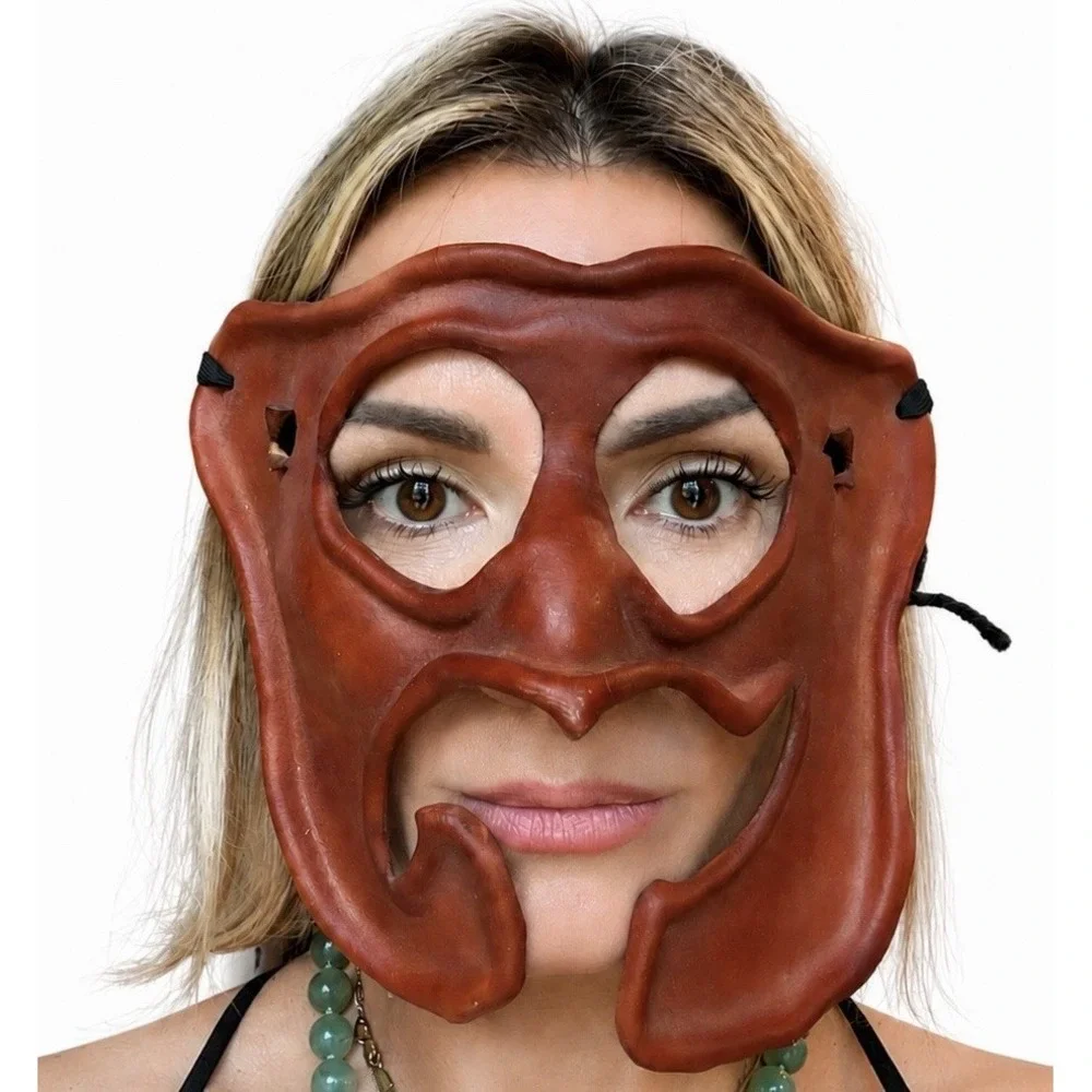 Vintage Jim Gibeault Brown Leather Theater Mask Mardi Gras Halloween Avant Garde